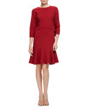 3/4-Sleeve Wool Popover Fit-and-Flare Dress, Garnet
