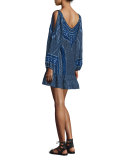 Woodstock Embellished Mini Flounce Dress, Blue Pattern