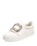 Leather Strass Buckle Sneaker, White (Bianco)