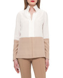 Two-Tone Silk Blouse w/Buttons, Moonstone/Camel