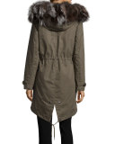 Literary Fur-Trim Cotton Parka Coat, Military Olive