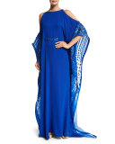 Crystal-Trim Cold-Shoulder Silk Caftan, Electric