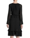 Waverly Long-Sleeve Chiffon Midi Dress, Black