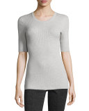 Short-Sleeve Engineered Ribbed-Knit Sweater, Foggy