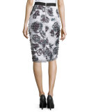 Floral Eyelash Fringe Pencil Skirt, Onyx/Pearl