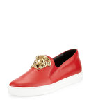 Leather Slip-On Sneaker with Gold Medusa Head, Red