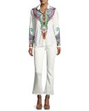 Paisley & Ikat Cotton Blouse, White/Green