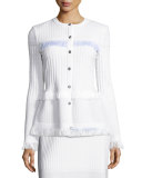 Illusion Grid Knit Jewel-Neck Jacket, White