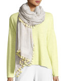 Pompom-Trim Cotton/Silk Scarf, Dark Pearl