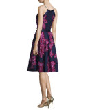 Sleeveless Chiffon Dress W/Embellished Flowers, Navy Multi 