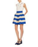 Striped Pleated A-Line Skirt, Natural/Navy