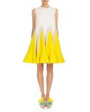 Pleated Tricolor Trapeze Dress, Daffodil Yellow