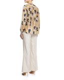 Libby Split-Neck Printed Blouse, Chai/Multi
