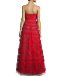Strapless Embroidered Tulle Ball Gown, Red