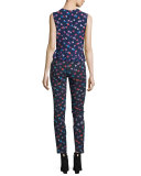 Sleeveless Floral Sakura Peplum Top, Navy