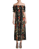 Floral Off-the-Shoulder Ruffled Maxi Dress, Black
