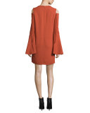 Bell-Sleeve Cold-Shoulder Dress, Pomegranate