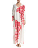 Peony Drop-Sleeve Lounge Caftan, White Pattern