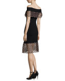 Wave-Lace Off-the-Shoulder Dress, Black