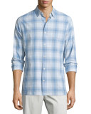 Plaid Linen-Blend Long-Sleeve Sport Shirt, White/Light Blue