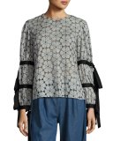 Eyelet Tie-Sleeve Blouse, Gray