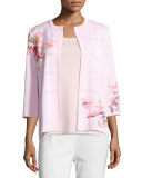 3/4-Sleeve Floral-Print Open Jacket, Pink