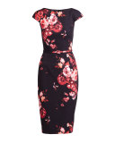 Cap-Sleeve Belted Floral Sheath Dress, Red/Black