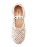 Rockstud Crystal Leather Ballerina Flat, Poudre/Black Diamond