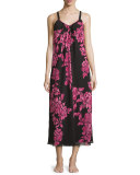 Floral-Print Charmeuse Nightgown, Black/Pink