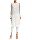 Sleeveless Mandarin-Collar Linen Tunic, White