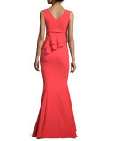 Farida Sleeveless Asymmetric Ruffle Mermaid Gown, Tomato