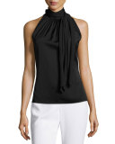 Pleated High-Tie-Neck  Sleeveless Top