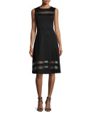 Sheer-Stripe Milano Knit Flared Dress, Caviar