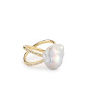Pearl & Diamond Crossover Ring in 14K Gold, Size 7