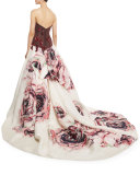 Embellished Rose-Print Strapless Gown, Burgundy