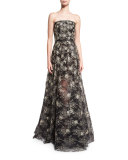Strapless Floral-Embroidered Gown, Black/Gold
