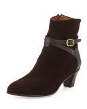 Suede Ankle-Strap Bootie, Dark Brown