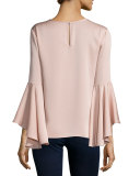 3/4-Bell-Sleeve Stretch-Silk Blouse, Light Pink