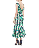 Belice Leaf-Print Tiered-Hem Midi Dress, Green/Blue