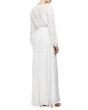 Long-Sleeve Floral-Embroidered Maxi Peasant Dress, White