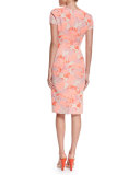 Short-Sleeve Hydrangea-Print Sheath Dress, Coral/Beige