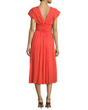 V-Neck Ruched-Waist Tulle Midi Dress, Coral