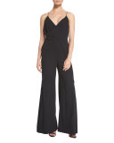 Cross-Back Pleated Wide-Leg Jumpsuit, Black