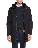 Suede Shearling Fur-Lined Parka, Navy