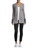 Waffle-Knit Open-Front Cardigan, Black/White