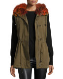 Milt Hooded Fox-Trim Vest, Green