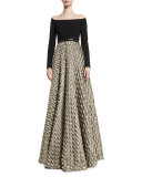 Off-the-Shoulder Jersey & Satin Jacquard Gown, Black/Gold