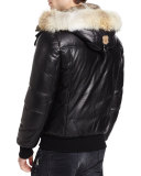 Leather Down Bomber Jacket w/Coyote & Rabbit Fur Trim, Black