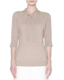 Half-Sleeve Tie-Neck Cashmere Sweater, Chino