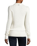 Embellished Cable-Knit Crewneck Sweater, Ecru